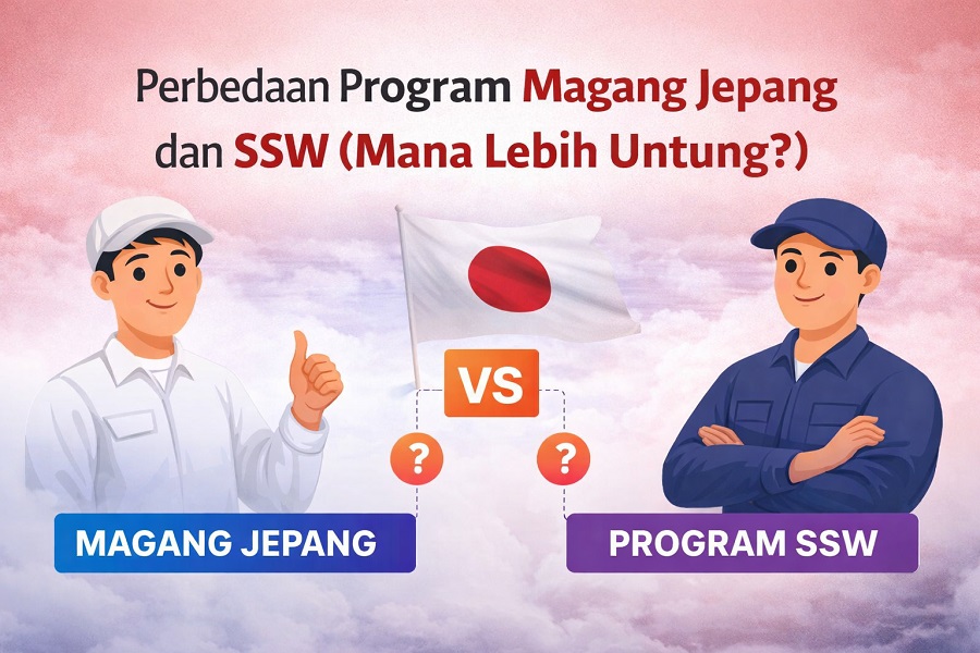 Ilustrasi perbedaan program magang Jepang dan SSW lengkap dengan perbandingan keuntungan