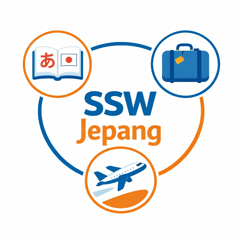 Infografis cara daftar SSW Jepang dengan ikon belajar bahasa, bekerja, dan pemberangkatan